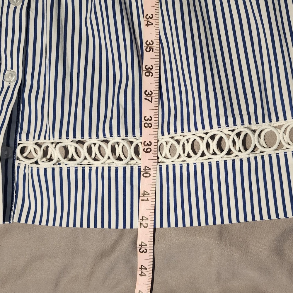 Joan Rivers Blue White Striped Tiered Shirt Dress Crochet Trim XS - Picture 7 of 7